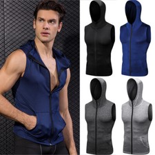 Men s Tight Sleeveless Vest Zipper Hoodies Sweatshirts Fitness Training Tops