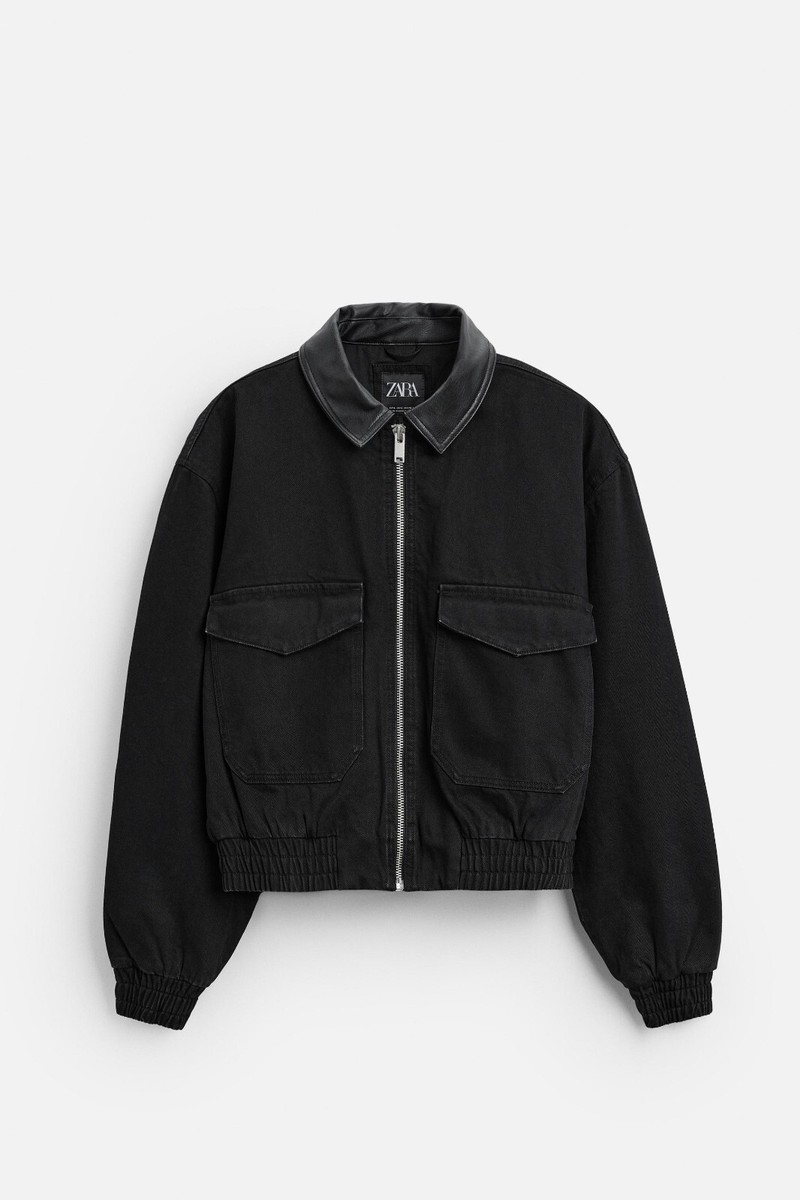 New Zara Contrast Collar Denim Jacket 1538/213 Black L coat