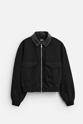 New Zara Contrast Collar Denim Jacket 1538/213 Black L coat shirt