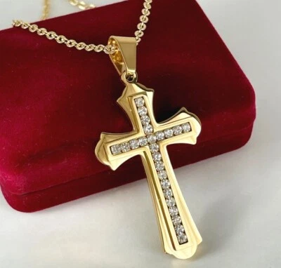 Edelstahl Halskette Kreuz Anhänger Kristalle 999er Gelbgold 24K vergoldet 60cm - Bild 1 von 4