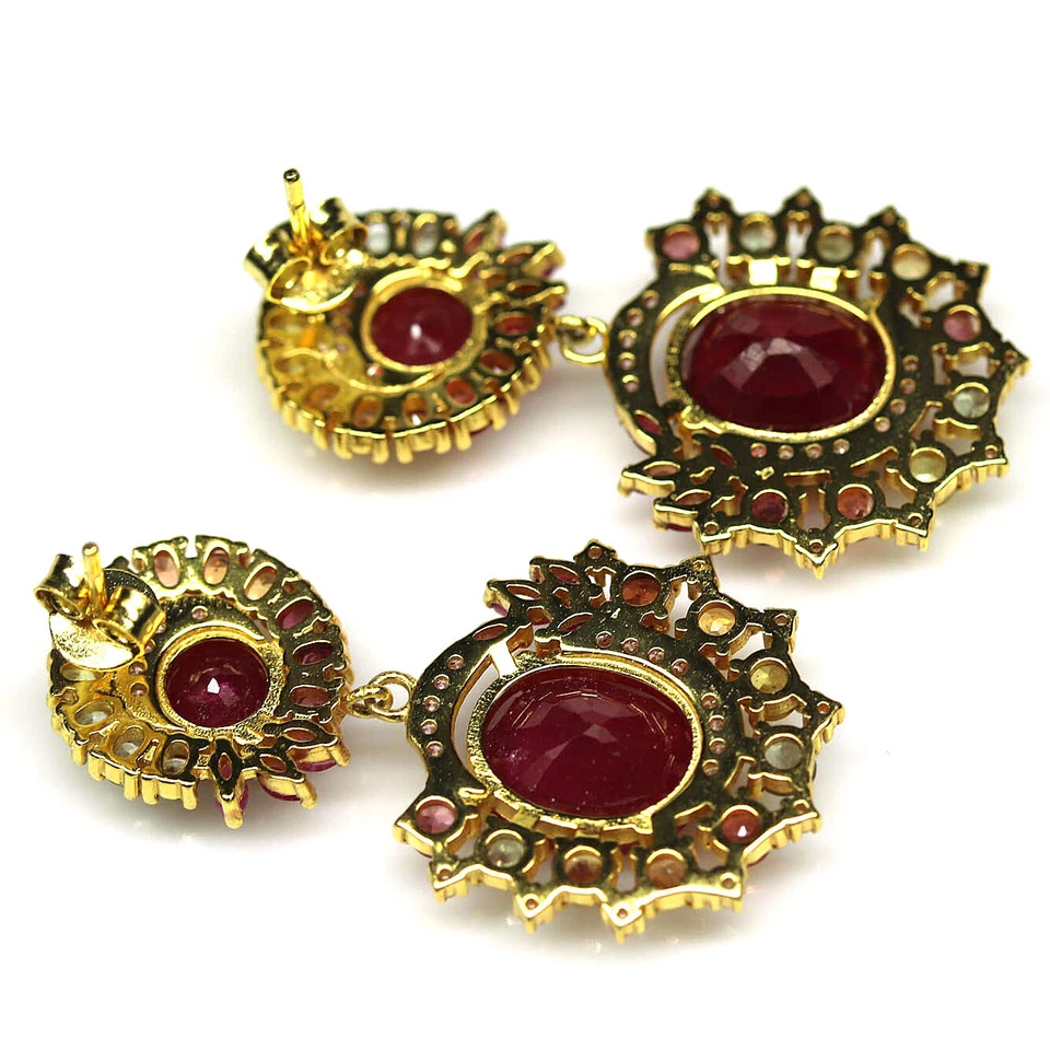 925 Sterling Silver Red Ruby & Fancy Coloe Sapphire Earrings Mother's Day - Image 3 of 4