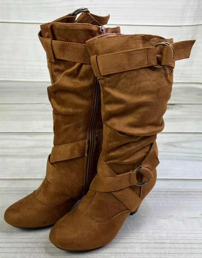 New Link Little Girls Brown Zip Up Side Boots Double Loop Little