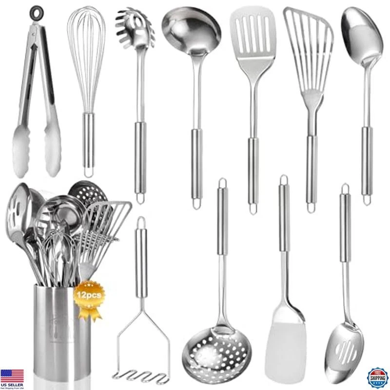 12pcs Stainless Steel Kitchen Utensils Set with Holder - Heat Resistant Tools