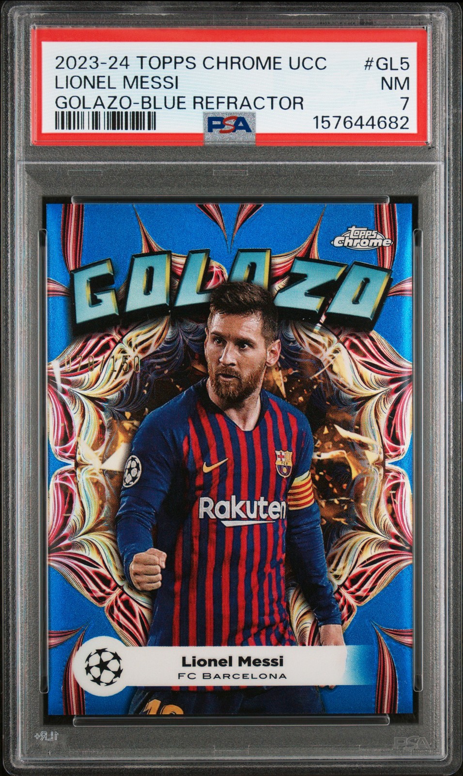 2023 TOPPS CHROME UEFA CLUB COMPETITIONS GOLAZO BLUE LIONEL MESSI /150 PSA 7 view 1