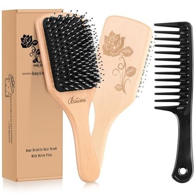  Hair Brush-Boar Bristle Hairbrush with Detangling Pins Natural Wood Color