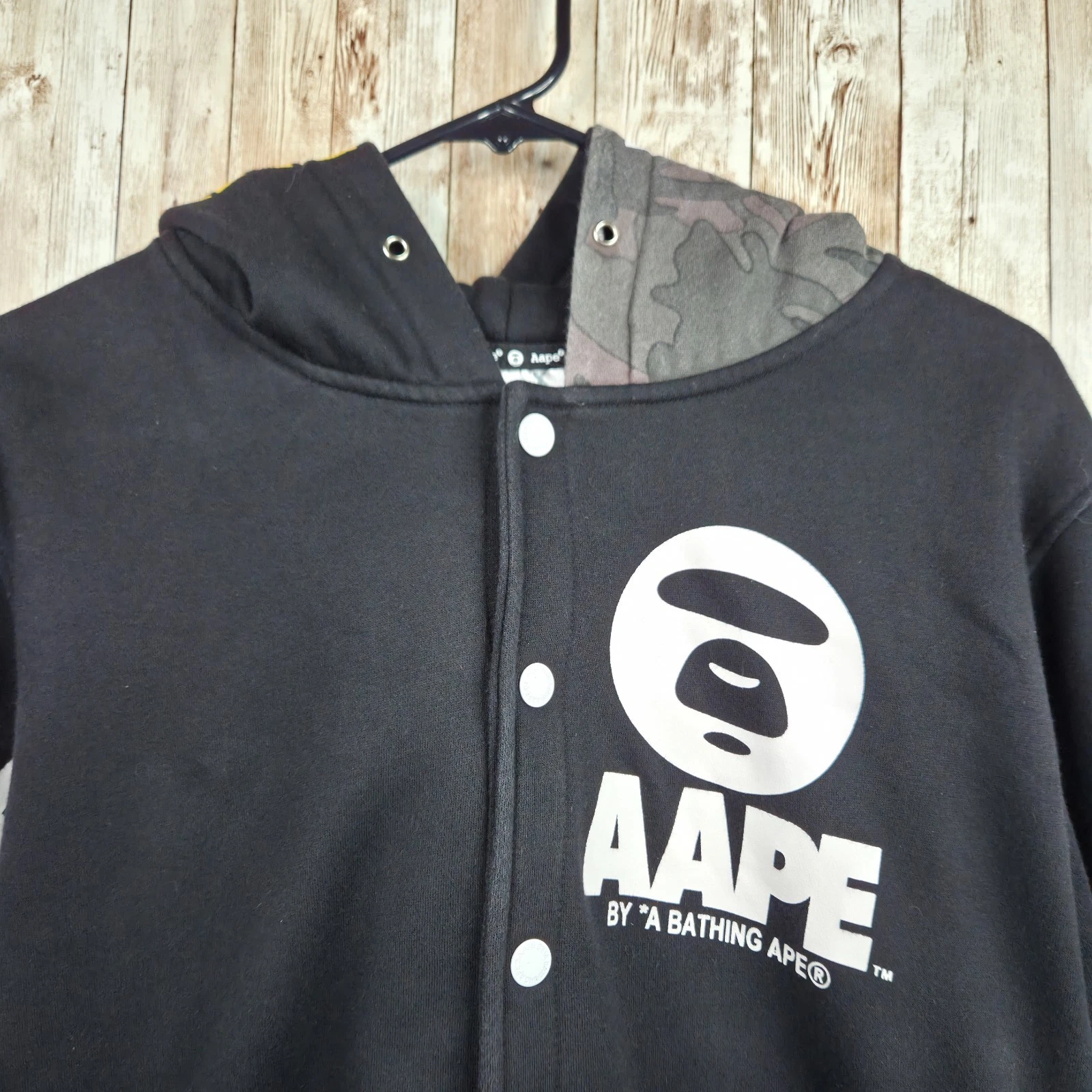 Aape by Bathing Ape Button Snap Hooded Hooded Varsity Jacket Black Youth Size XL image 2