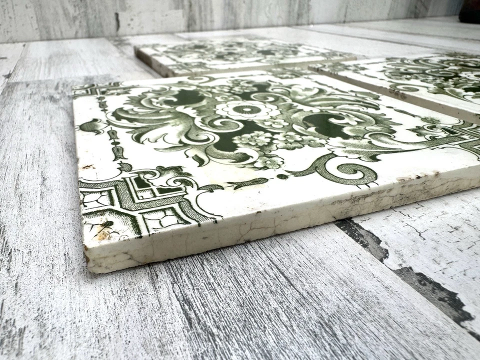 Juego de 3 azulejos verdes ingleses de colección con patrón de desplazamiento floral antiguo 6x6 Foto 2 de 4
