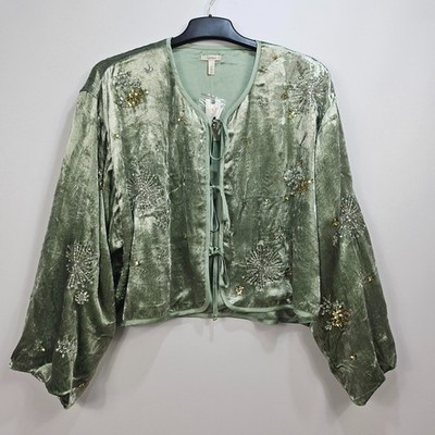 Anthropologie LyreBird grüne Jacke mit Samtverzierung vorne zum Binden Medium UVP 240 £
