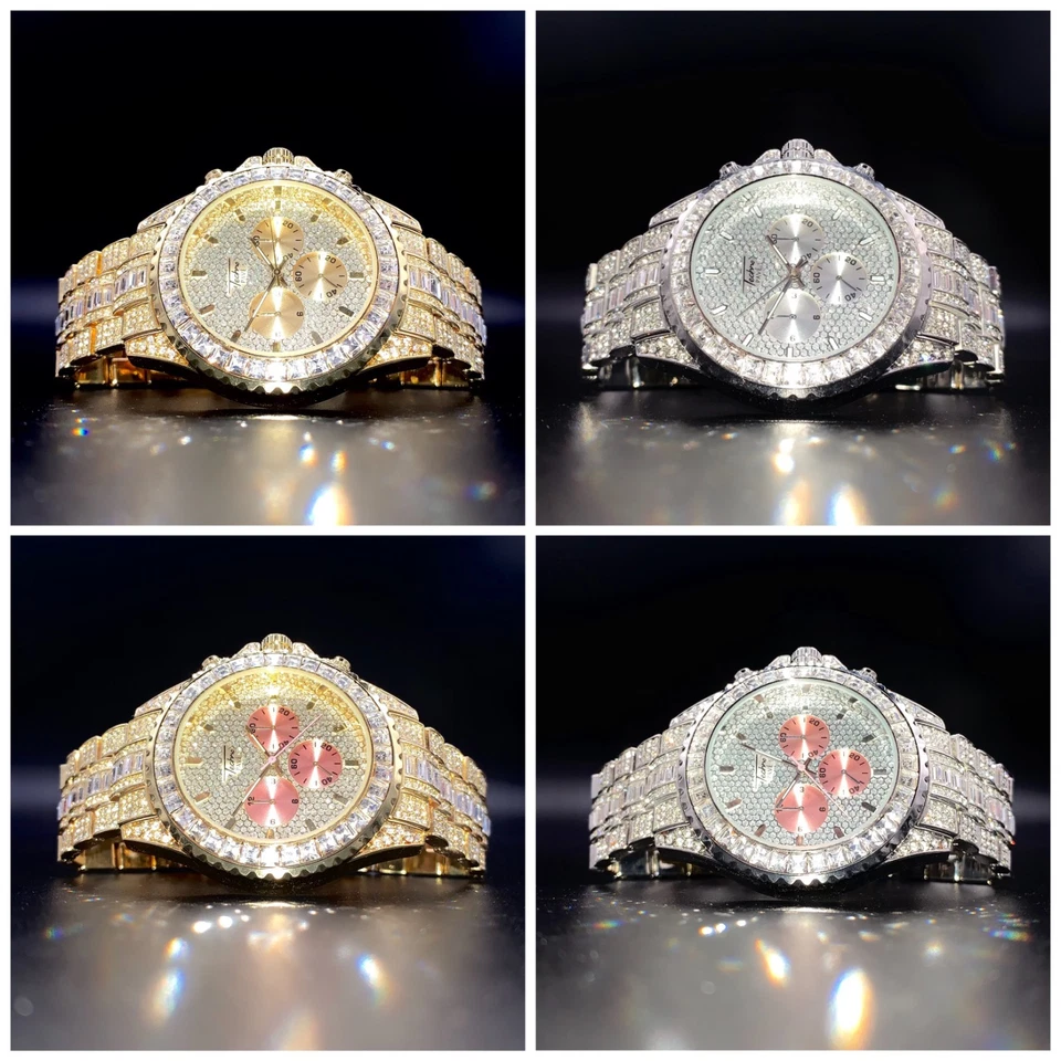 18k Gold/White Gold CZ Baguette Stone Diamond Chronograph Luxury Iced Out Watch - Image 2 of 2