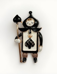 Authentic King, Queen Or Jack of Spades Holding a Scepter, Gold Plated, Enameled Brooch