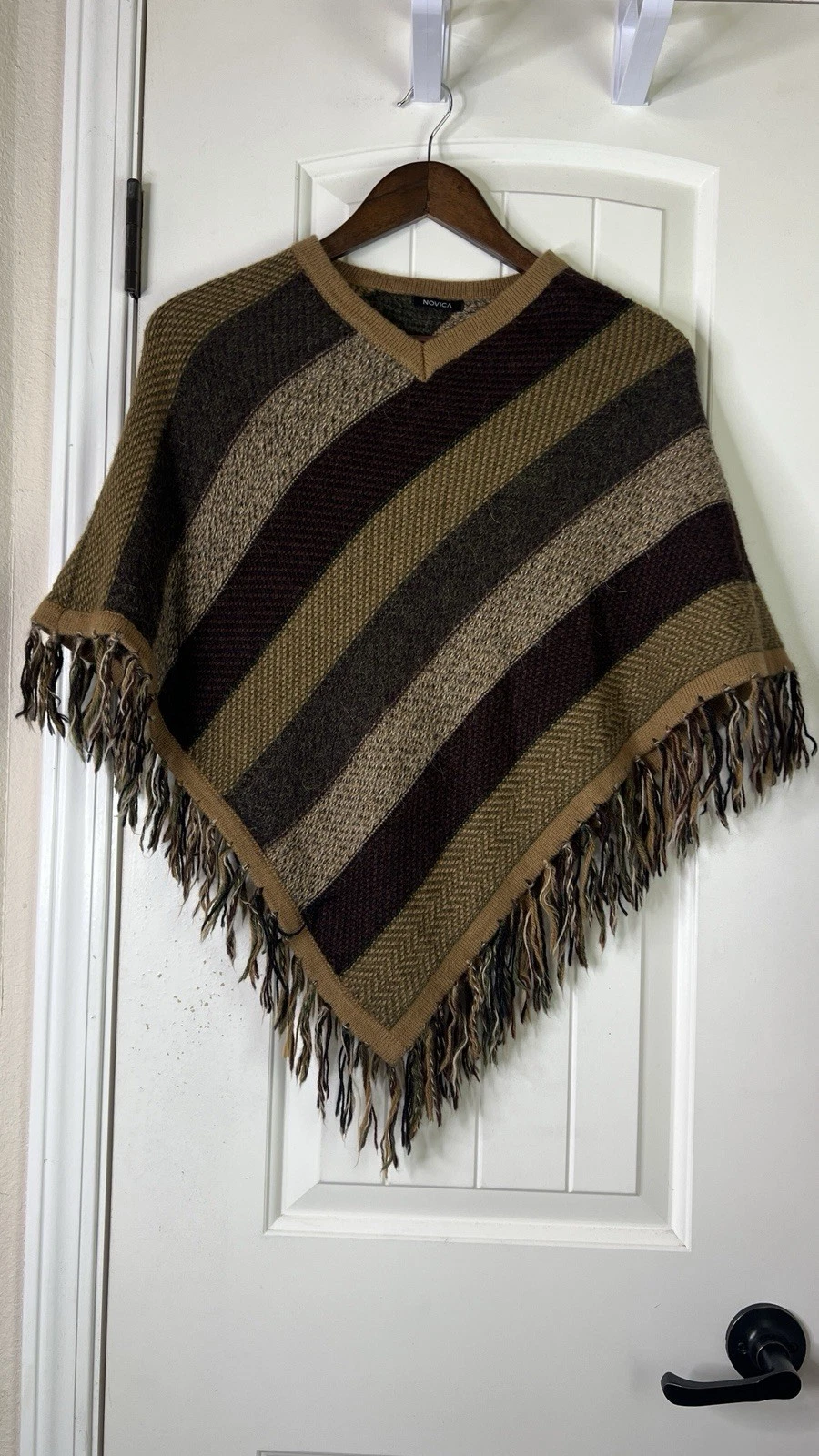 Novica Alpaca Blend Peruvian Cape Brown Poncho Striped Boho Hippie Fringe