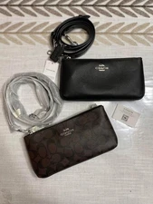 New! COACH CJ789 CJ790 Double Zip Crossbody Black Pebble Leather Brown/Black Sig