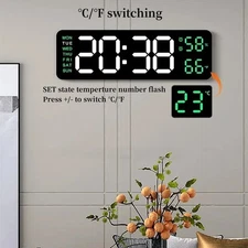 9 Inch Large Digital Wall Clock USB Powered TEMP Humidity Dimmer 12/24H Battery