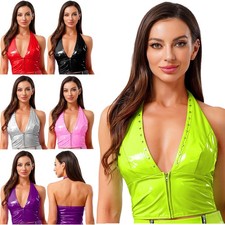 Womens Glossy PU Crop Tops Halter V Neck Front Zip Backless Tank Clubwear Party