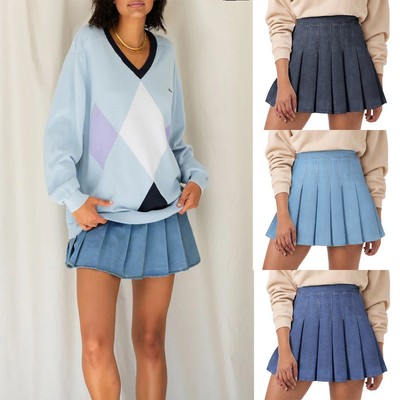 Women's Skirt Denim Pleated Blue Mini Skirt Vintage Style Jean Size XS,S,M,L,XL