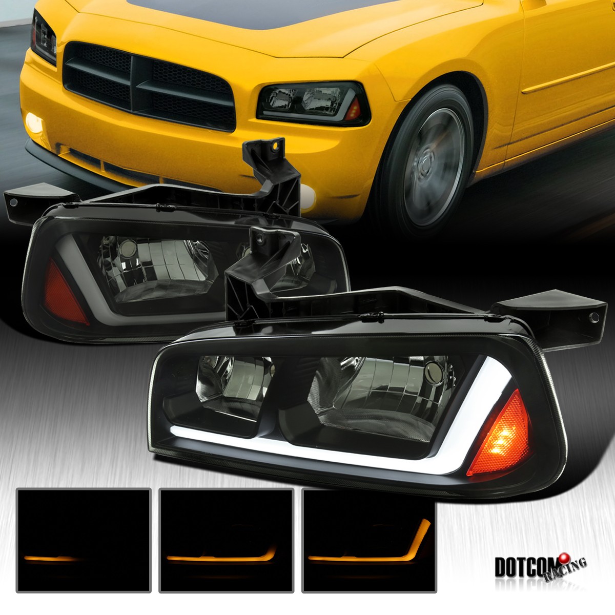 Fit 2006-2010 Dodge Charger Black Smoke Headlights Switchback LED