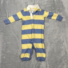 Ralph Lauren Baby Rugby Striped Romper Jumpsuit Blue Yellow 9M Cotton