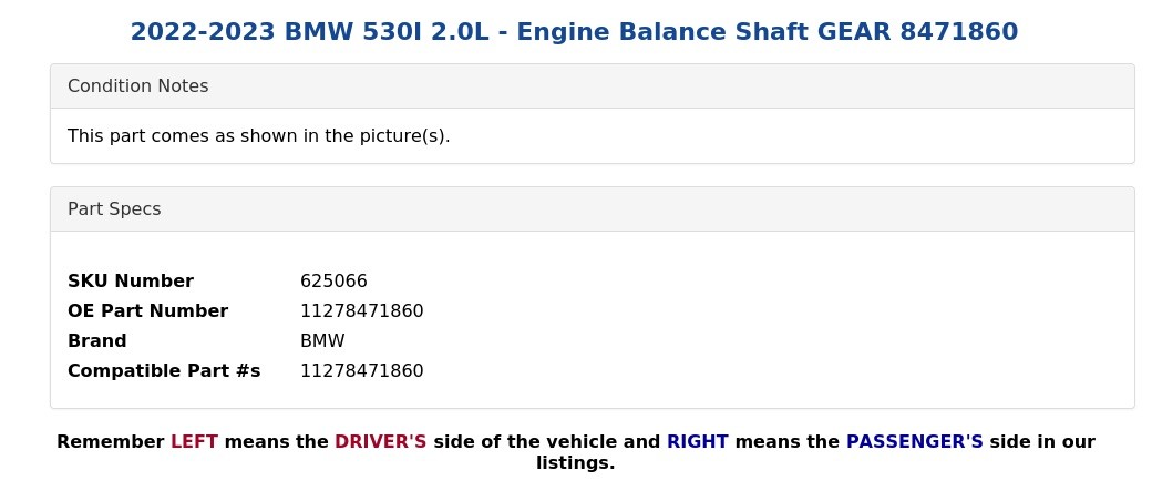 2022-2023 BMW 530I 2.0L - Engine Balance Shaft GEAR 8471860