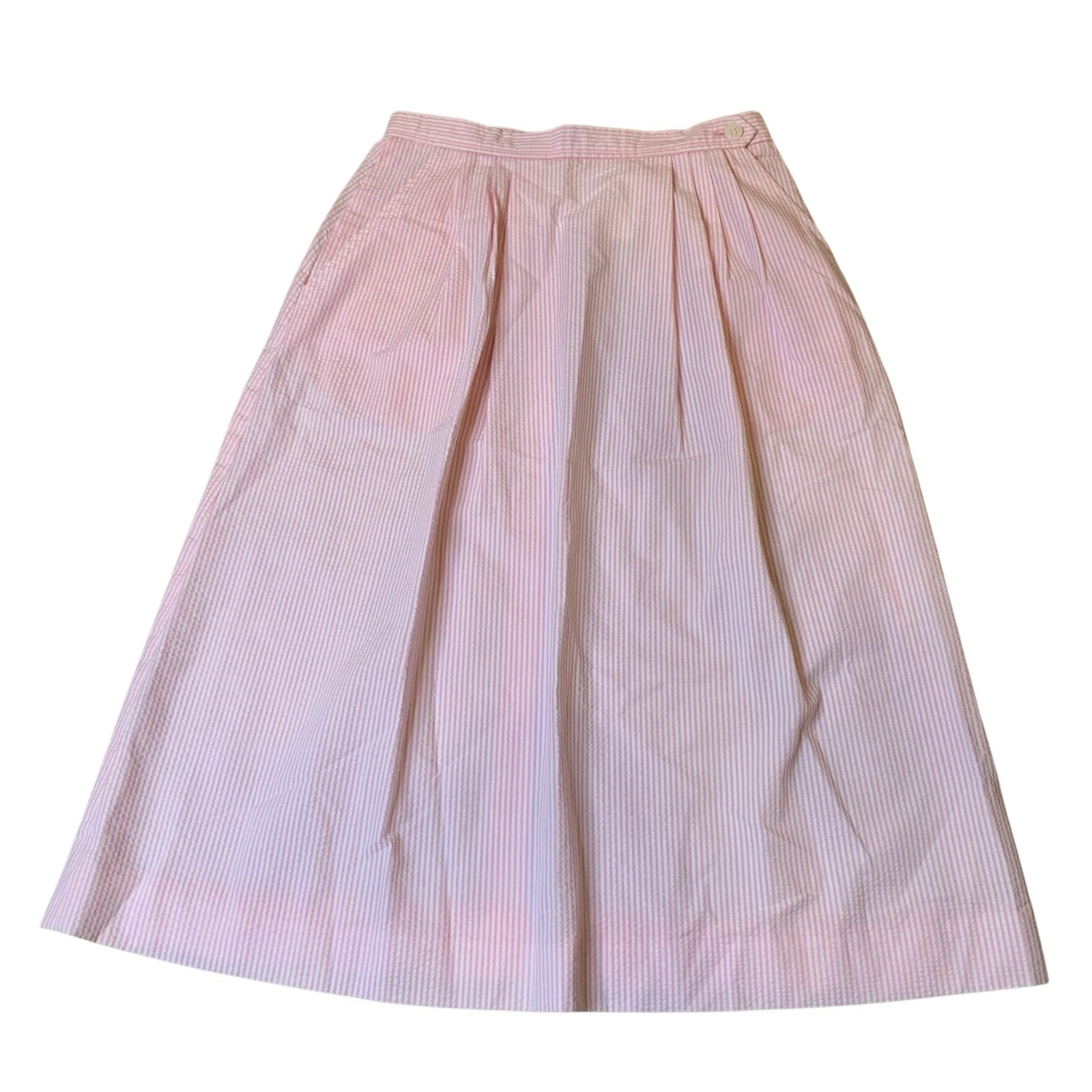 Vintage Breckenridge Light Pink Spring Seersucker Midi Pleated Skirt Size 8 EUC
