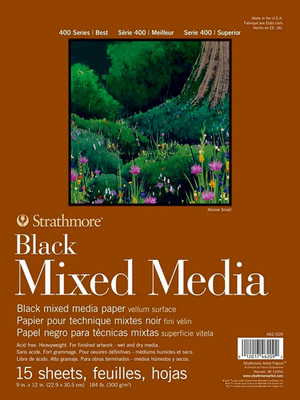 Mixed Media Paper Black 9x12 Pad 15 Sheets 184lb Watercolor Gouache Ink Marker