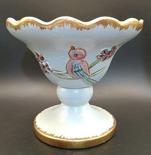 VINTAGE HULL Pottery Serenade Line Blue Compote Pink Bird Gold Trim S3 USA