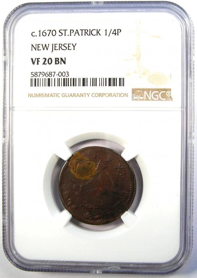 1670 New Jersey St Patrick Farthing Colonial Coin 1/4P - NGC VF20 - $2000 Value - Image 2 of 4