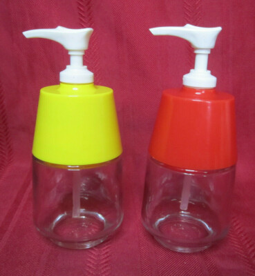 VTG Gemco Ketchup and Mustard Pump Dispenser Set w/Clear Glass Bases Red Yellow