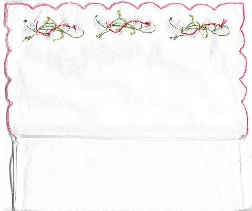 Porte Serviette de table années 1960 brodé fait main coton FLEURS et FEUILLES - Photo 2/2