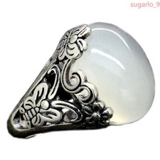 Natural Chalcedony Female Retro Flower Jade Ring Adjustable Jewelry Decoration