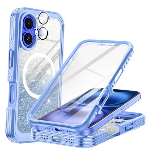 for Case,Compatible with Magsafe[Built-in 9H iPhone 16 Plus Blue Glitter