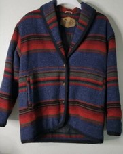 Vtg Woolrich Womens Coat Sz M Southwest Western Wool Blue Red Multi Stripe
