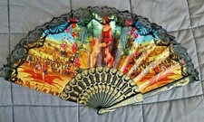 VTG 90s Lace/Cloth/Plastic Spanish Hand Fan Horse Jockey Cherubim Black/Gold