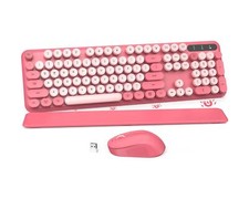 Wireless Keyboard and Mouse Combo - Pink Retro Keyboard with Round Keycaps, F...