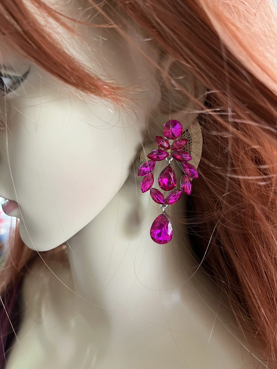 2.6 Drop Long Hot Pink Silver Fuchsia Rhinestone Dangle Crystal Prom Earrings