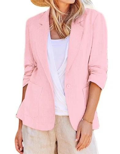 Mujeres Blazer de Algodón Manga 3/4 Acanalado Forrado Traje Informal Elegante Chaqueta de Trabajo Asiática - Imagen 23 de 33