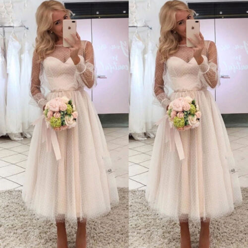 Vintage Short Wedding Dresses with Dots Long Sleeves High Neck Bridal Gowns - Afbeelding 1 van 9