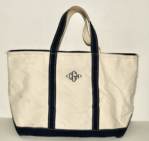 L.L. Bean Boat and Tote canvas carry tote bag blue/cream L monogram USA