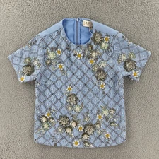 La Fuori Women’s Small Blue Silk Blouse Embroidered Embellished NWT Sustainable