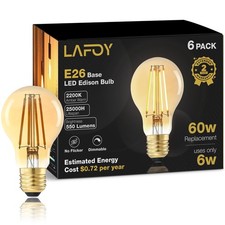 Lafoy A19 Amber Edison Bulbs, Dimmable E26 LED 60 Watt Equivalent 6 Pack  22...