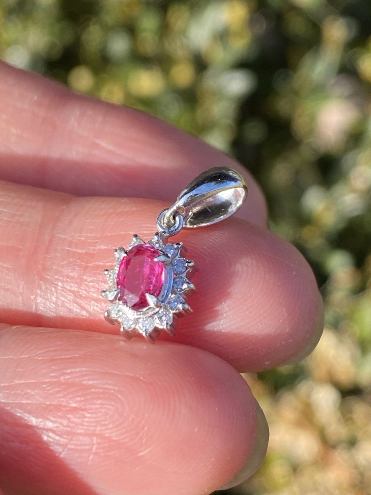 Solid Platinum Natural Ruby And Diamond Halo Pend… - image 4