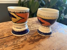 Vintage Handpainted Heavy Ceramic Egg Cups Set Of 2 Blue Orange
