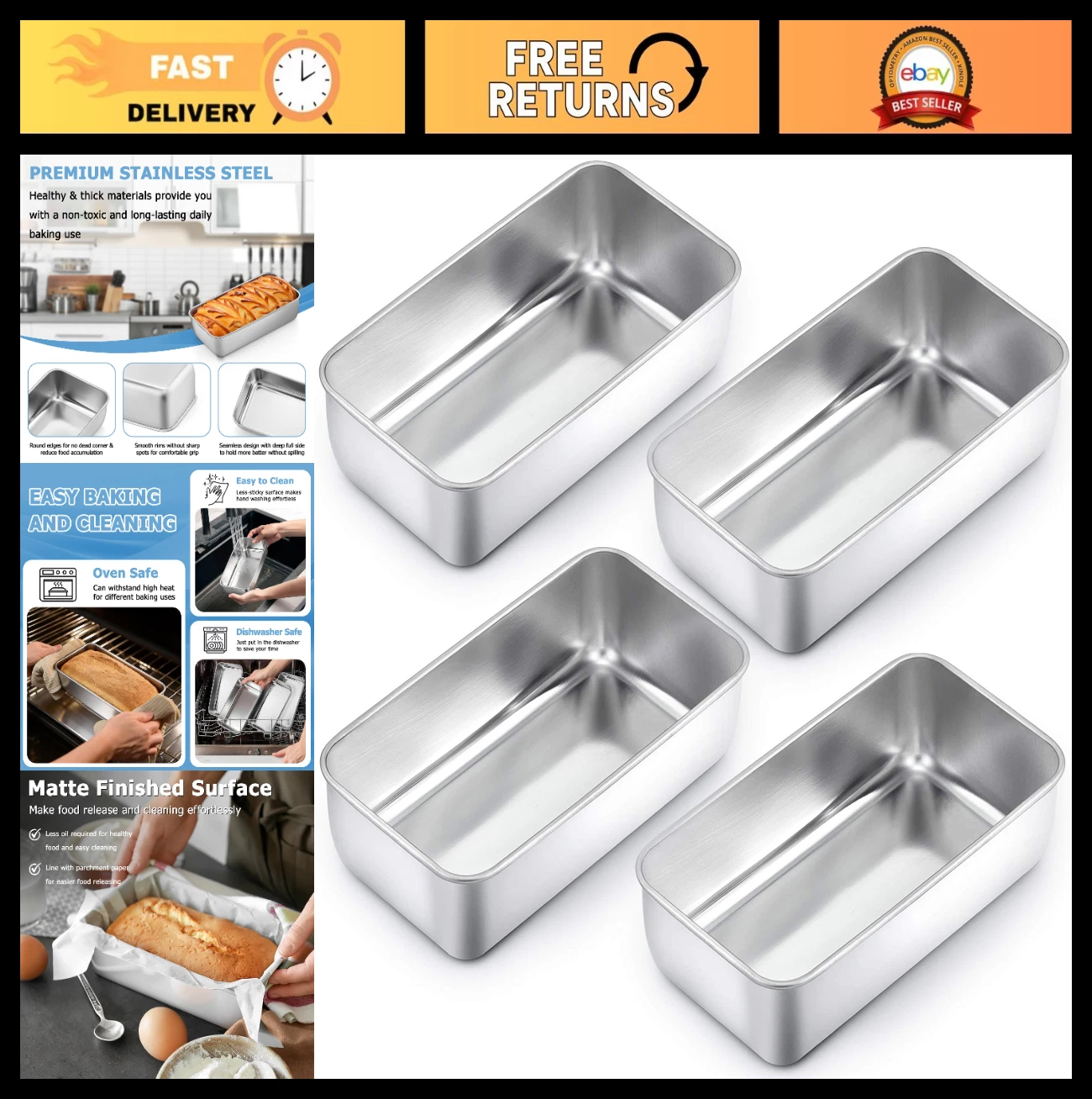 Stainless Steel Loaf Pan Set of 4 - 9¼" x 5" Meatloaf & Bread Baking Pans, Oven