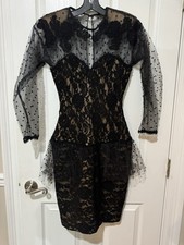 Vintage Victor Costa long sleeve black swiss dot mesh lace overlay dress XS