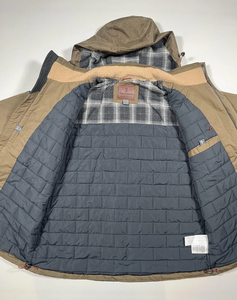 Free Country Jacket Mens XL Bark Brown Hooded Sherpa Lined Parka Coat Pockets - Image 4 of 4