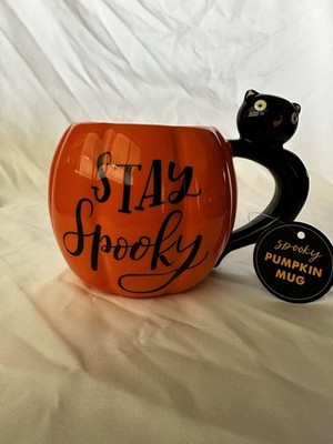 Eccolo Halloween Pumpkin Mug with Black Cat Handle, Decorated Ceramic, Orange
