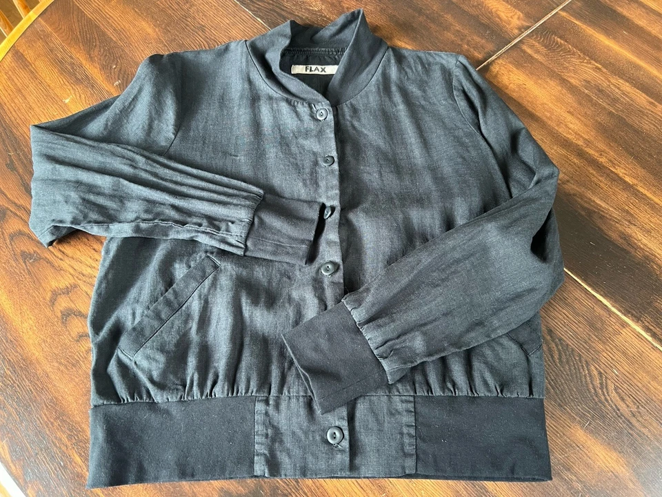 Flax Linen Bomber Jacket Women’s S (6-8) Black Pockets One-of-a-kind Unique 2016 - Image 4 of 4