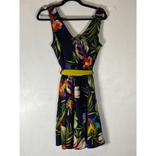 Tropical Floral Fit Flare Mini Dress Belted Navy Resort Vacation Large Hawaiian