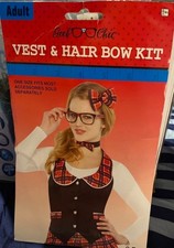 NEW Geek Chic Plaid Vest And Hair Bow Set One Size Adult  Red Leggings Small