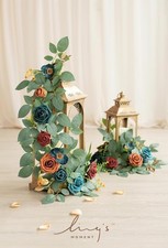 Ling's Moment 2FT Teal & Terracotta Flowers Garland, 2PCS Sign Flowers
