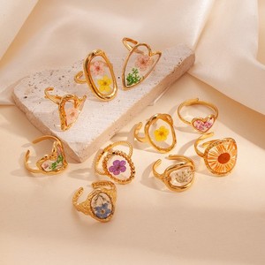 Authentic 20-30PCS Gold Plated Resin Dried Flower Open Rings Bulk Jewelry Lots